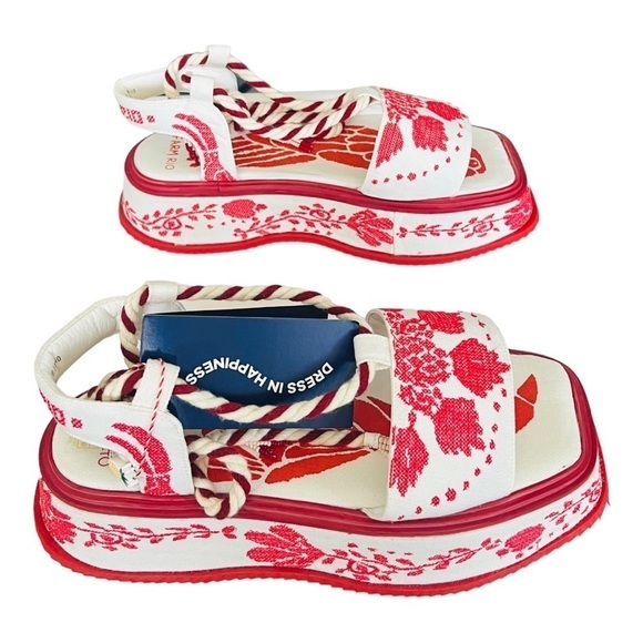 FARM RIO Red Embroidery Cross Stitch Flatform Ankle Lace Up Sandals NEW $285 - Picture 14 of 16